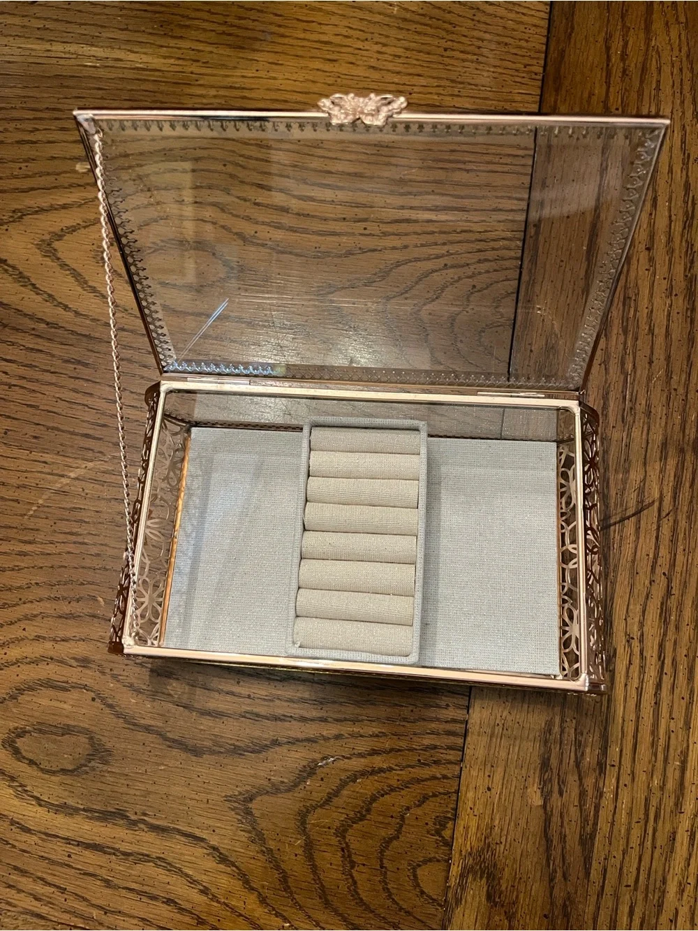 Rachel Ashwell Glass Jewelry Display Box with Rose Gold Trim and Gray Lining